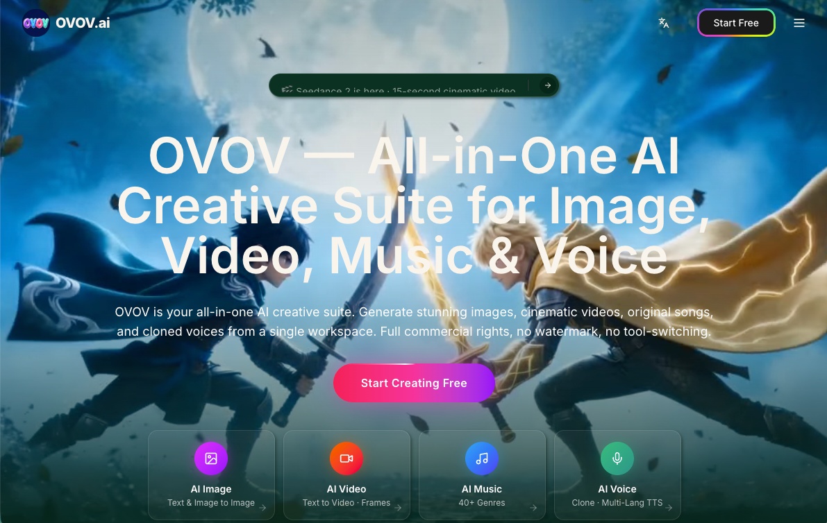 OVOV — AI Image, Video, Music & Voice in One Workspace