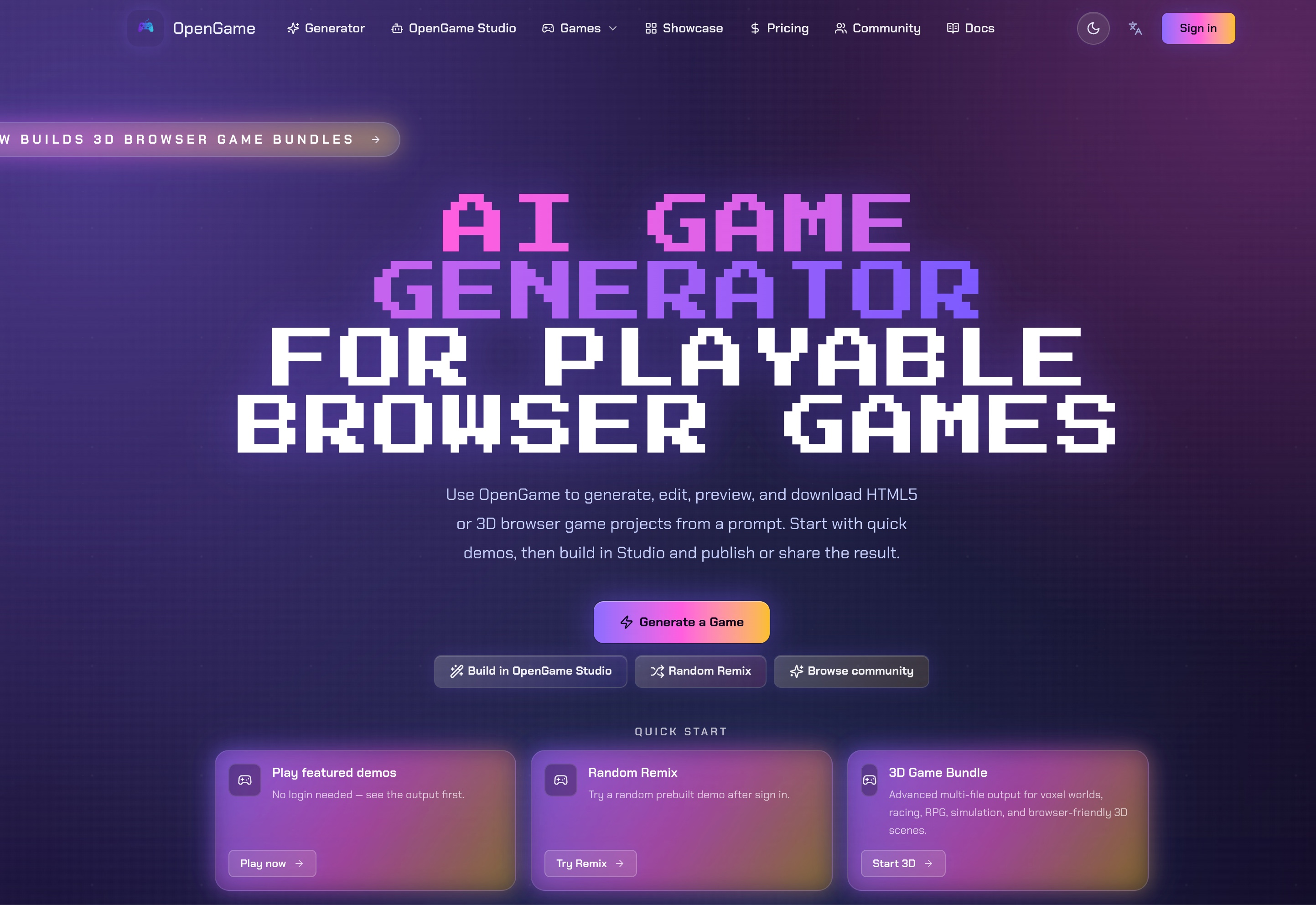 OpenGame - AI game generator for playable browser games