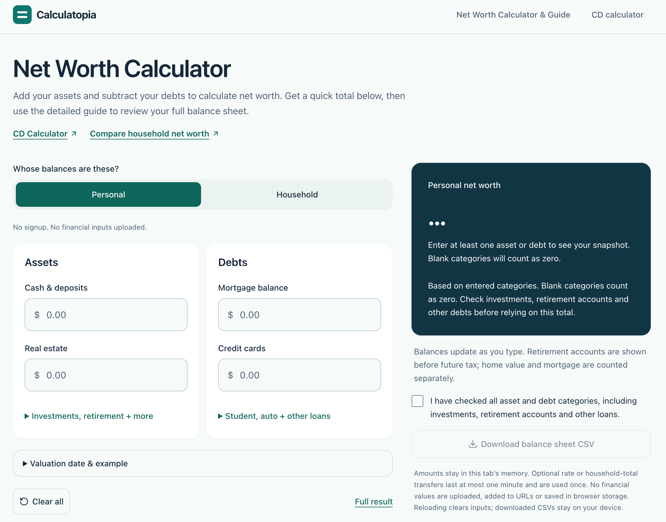 Net Worth Calculator & CD Calculator — Calculatopia