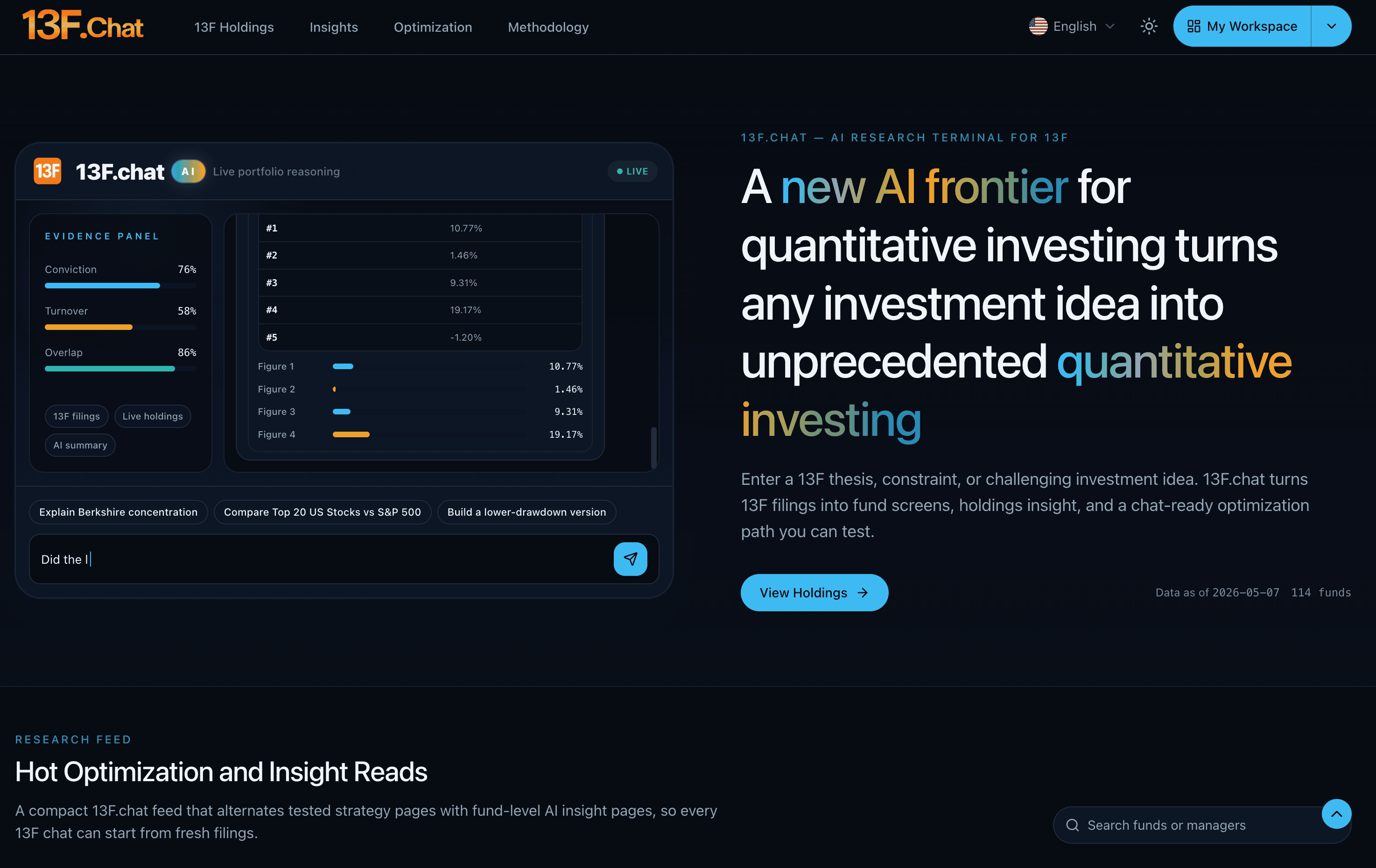 13F.chat interface with an AI chat panel, an evidence panel showing conviction, turnover and overlap scores, holdings figures, and suggested prompts such as comparing top US stocks with the S&P 500