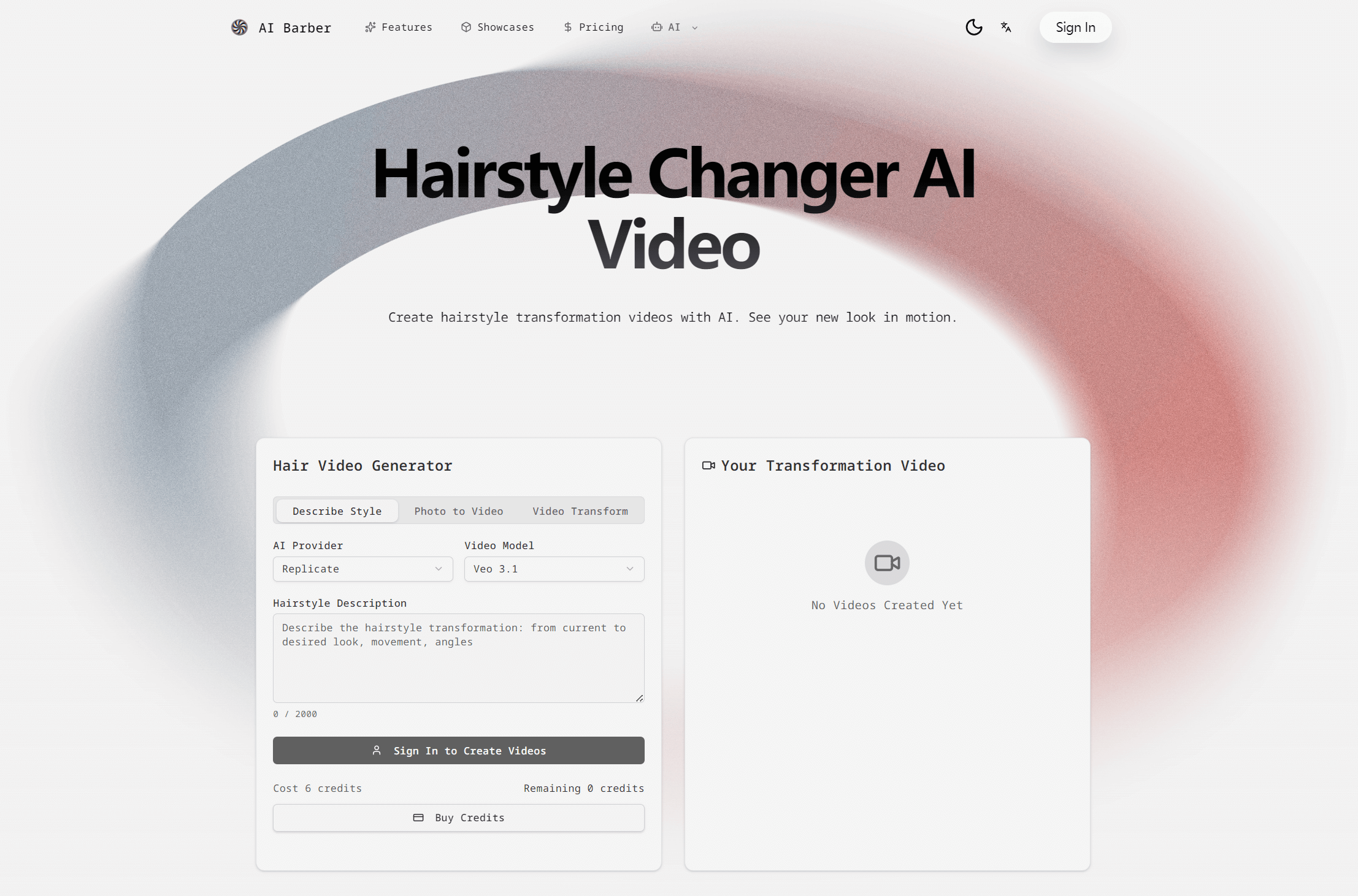 AI Barber hair video generator with style description, generation modes, and video output panel