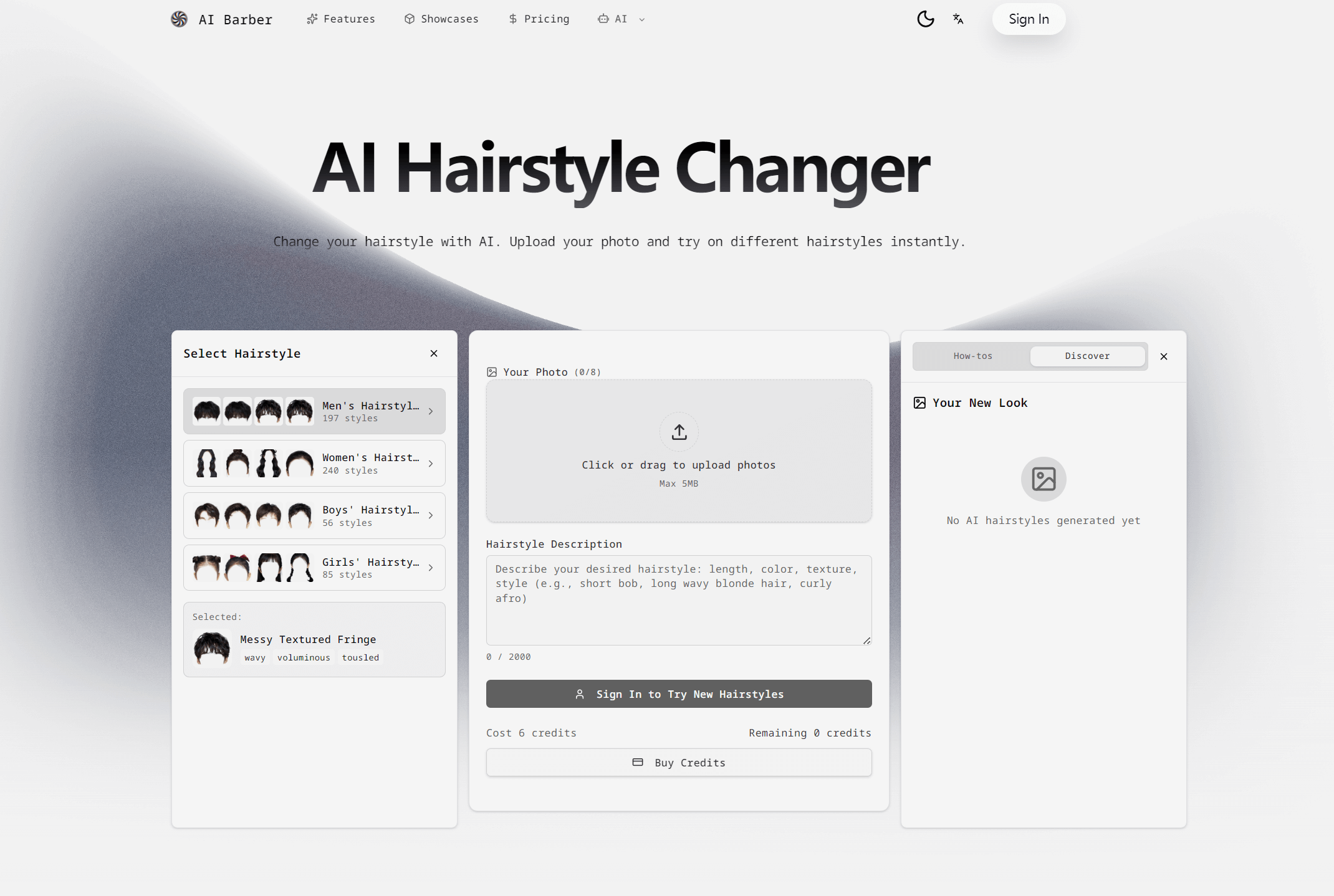 AI Barber interface with hairstyle categories, a selected style, photo upload, and a result panel
