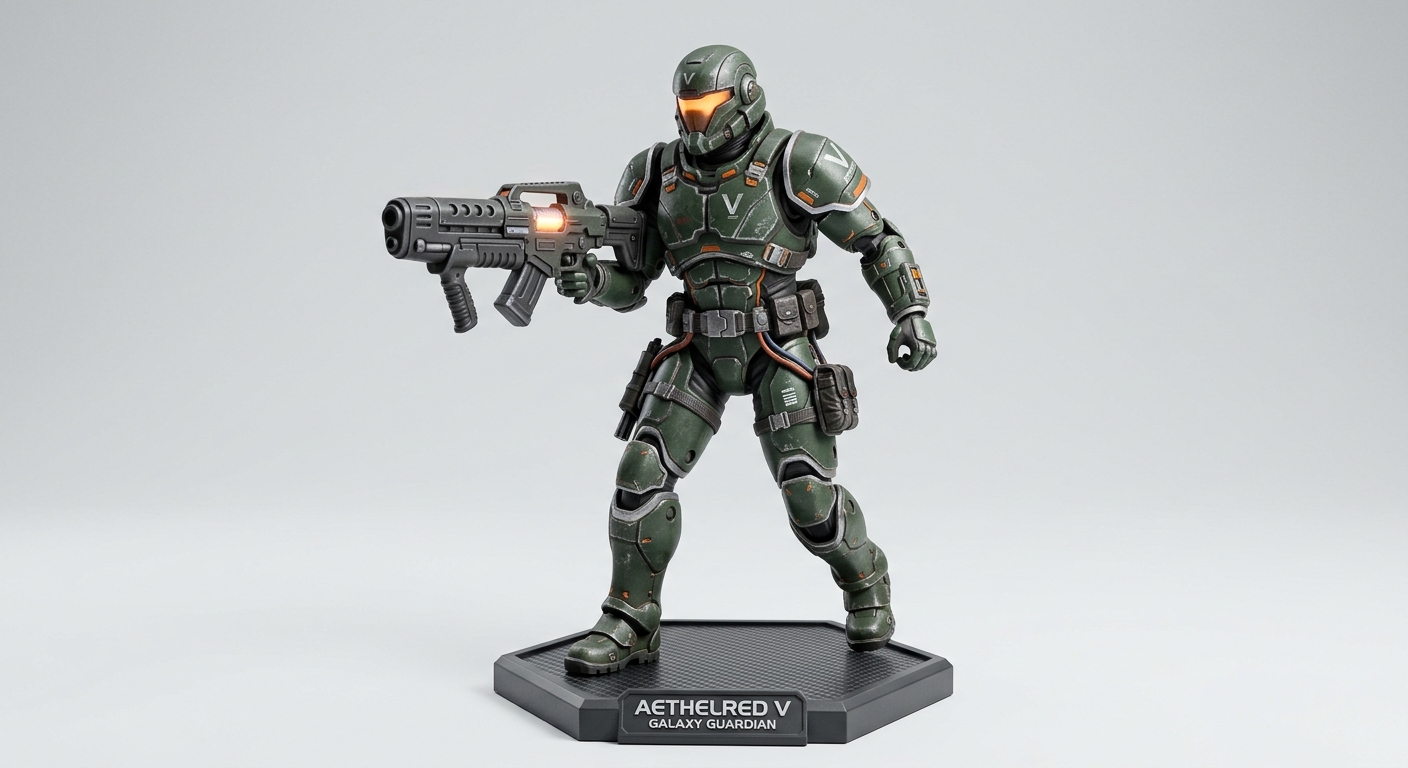 手持武器、站在展示底座上的绿色装甲科幻可动人偶。