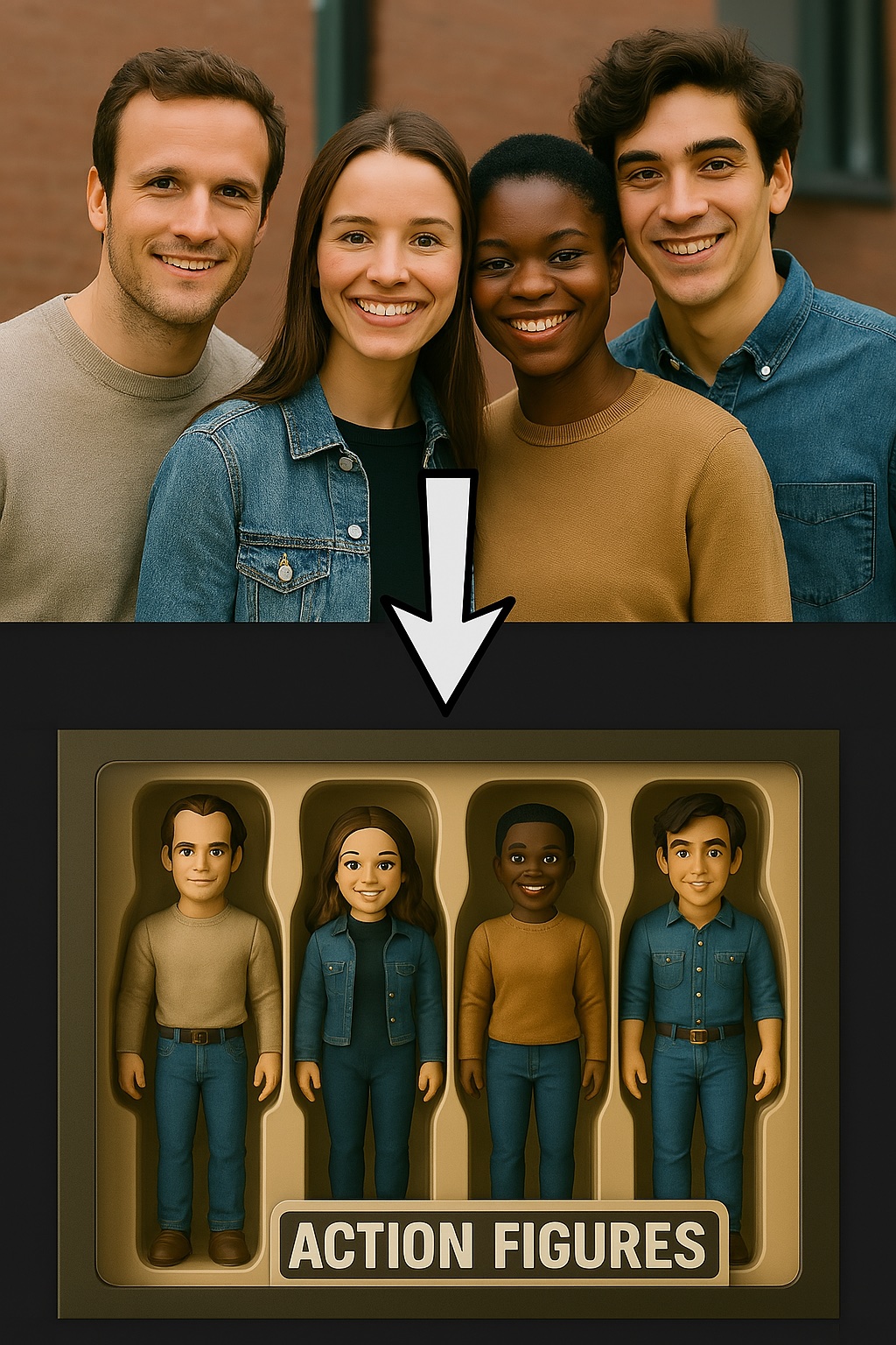 Four people pictured above corresponding boxed action figure versions
