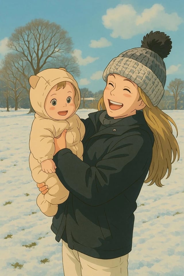 Anime-style illustration of a smiling woman holding a baby in a snowy landscape