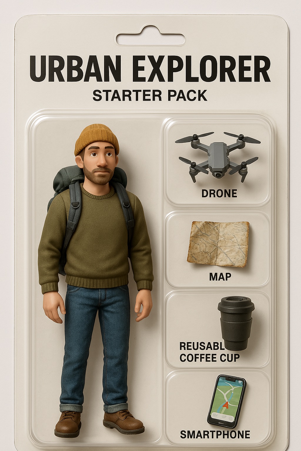 Urban explorer starter pack with a figure, drone, map, coffee cup and smartphone