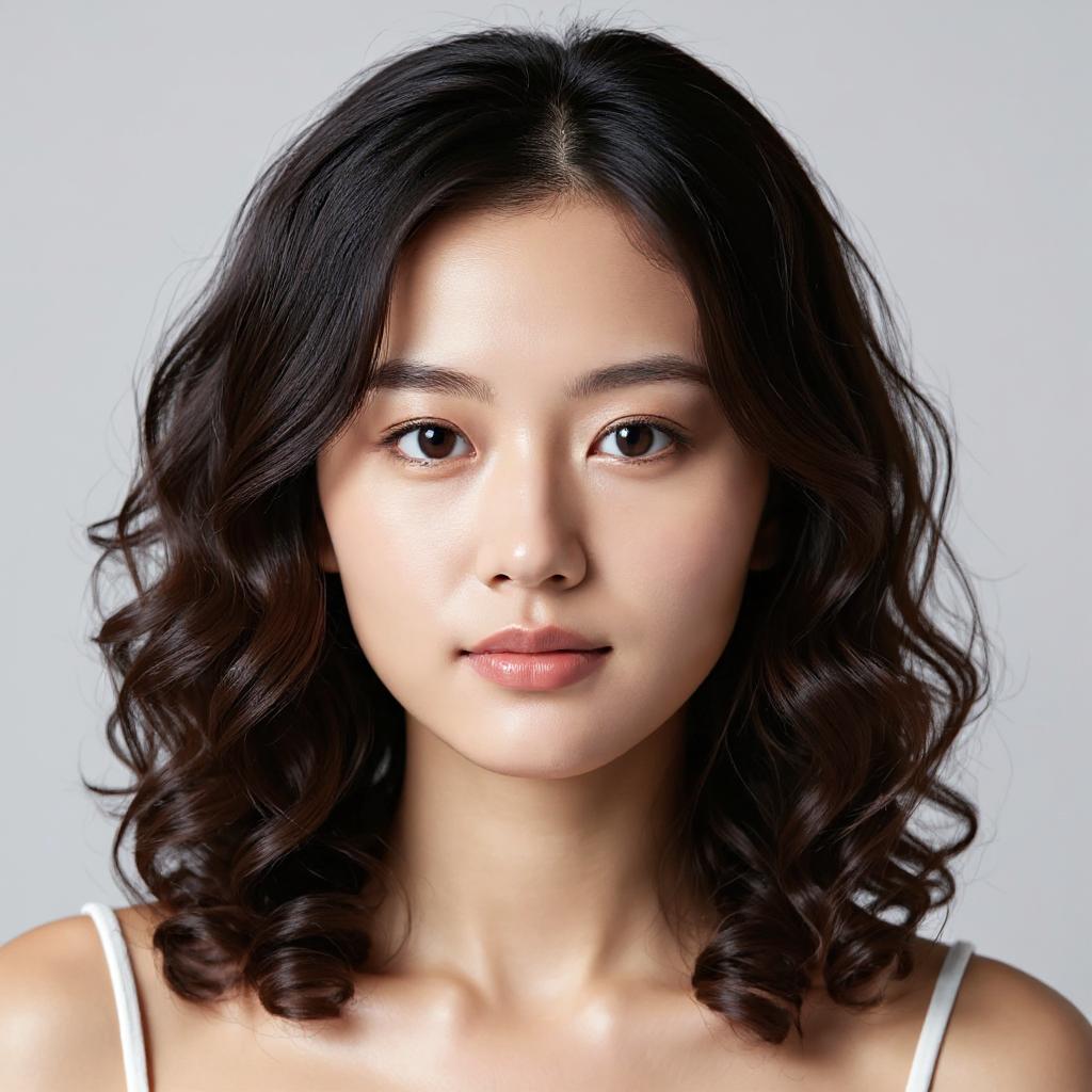 The same woman shown with shoulder-length curly hair, a hairstyle try on example