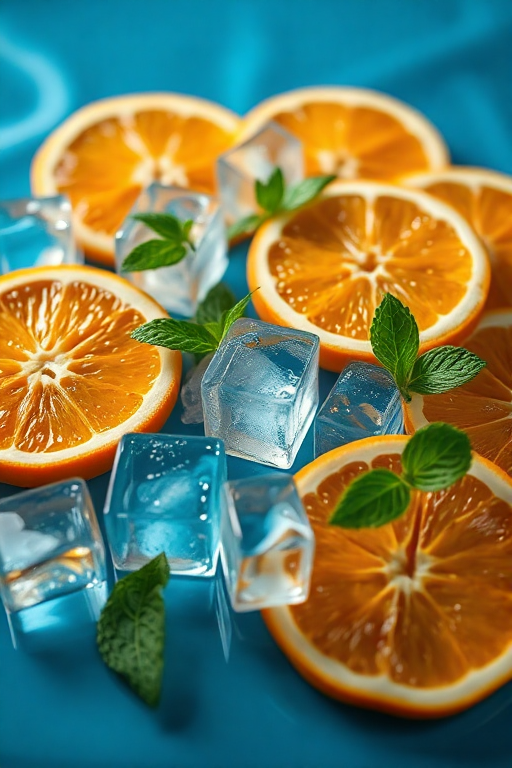 Featured image example showing orange slices, clear ice cubes, and mint leaves on a blue surface.