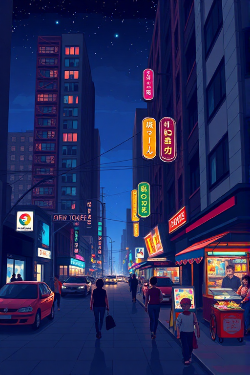 Illustrated nighttime city street with neon signs, pedestrians, cars, and a food stall.