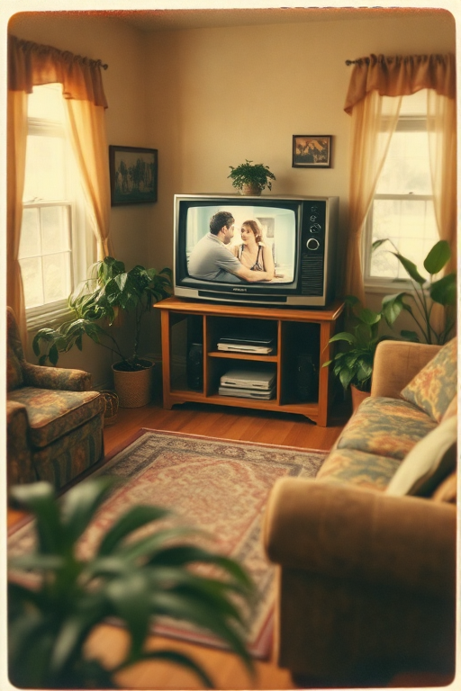 Featured image example of a warmly lit living room with a vintage television and plants.