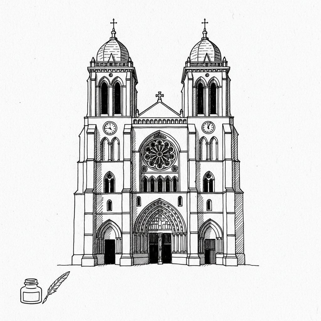 Ink sketch style example depicting a twin-tower church in black linework.