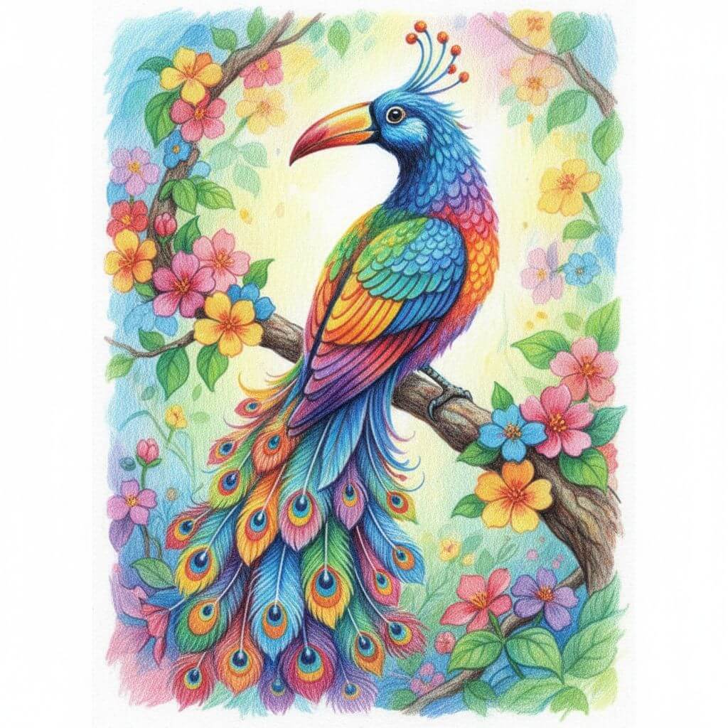 Colored pencil style example of a colorful long-tailed bird surrounded by flowers.