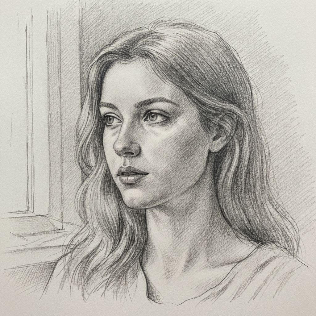 Pencil sketch style example showing a woman's portrait with fine shading.