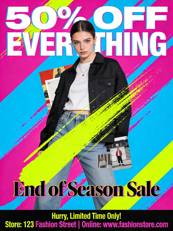 AI-generated fashion sale poster with a model in a denim jacket, bold '50% OFF EVERYTHING' headline and store details