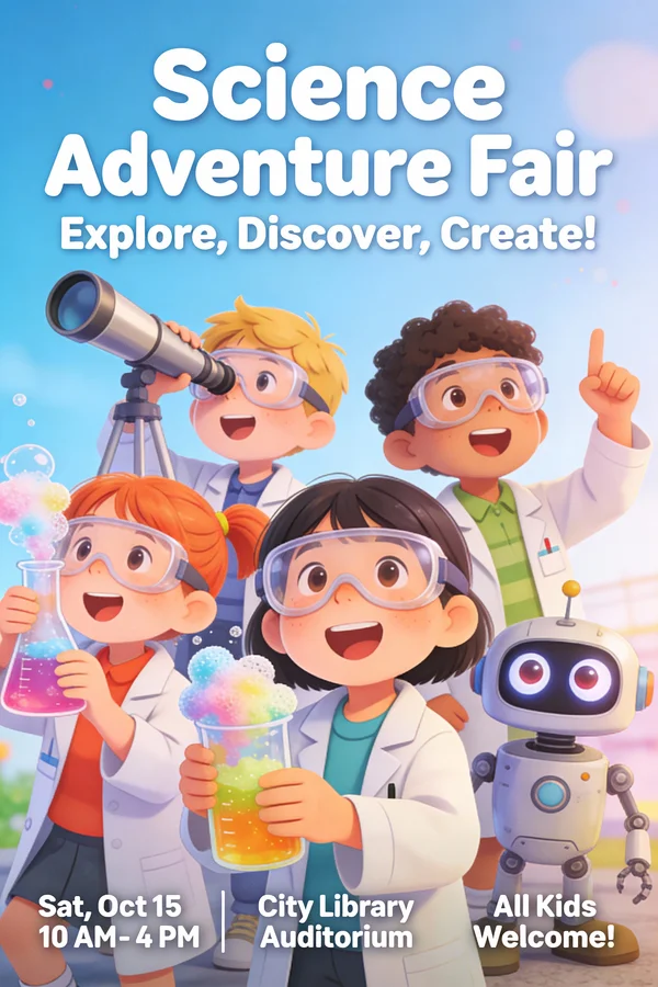 AI-generated cartoon poster for a children's Science Adventure Fair with kids in lab coats, a telescope and a robot, plus readable event text