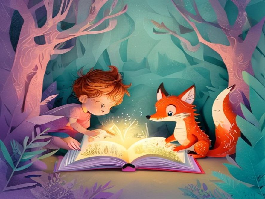 Paper-cut style illustration of a red-haired child and a fox looking at a glowing open book in a purple and teal forest