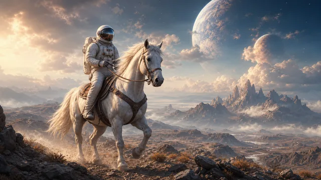 Generated image of an astronaut riding a white horse across an alien landscape