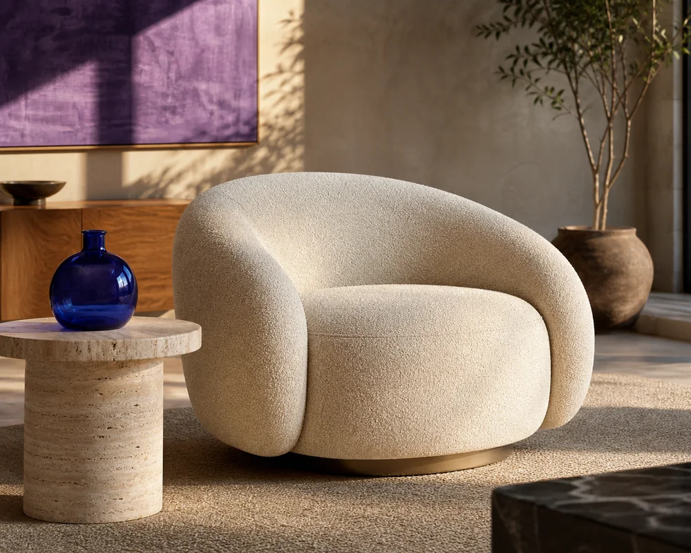 AI-generated interior product image of a cream boucle armchair beside a travertine side table