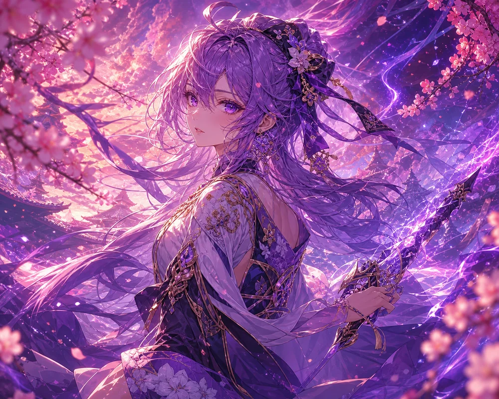 Anime-style portrait of a purple-haired character among cherry blossoms, generated with aiimg.me
