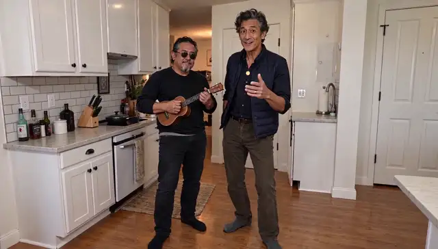 Two men performing a song together in a kitchen, one playing a ukulele
