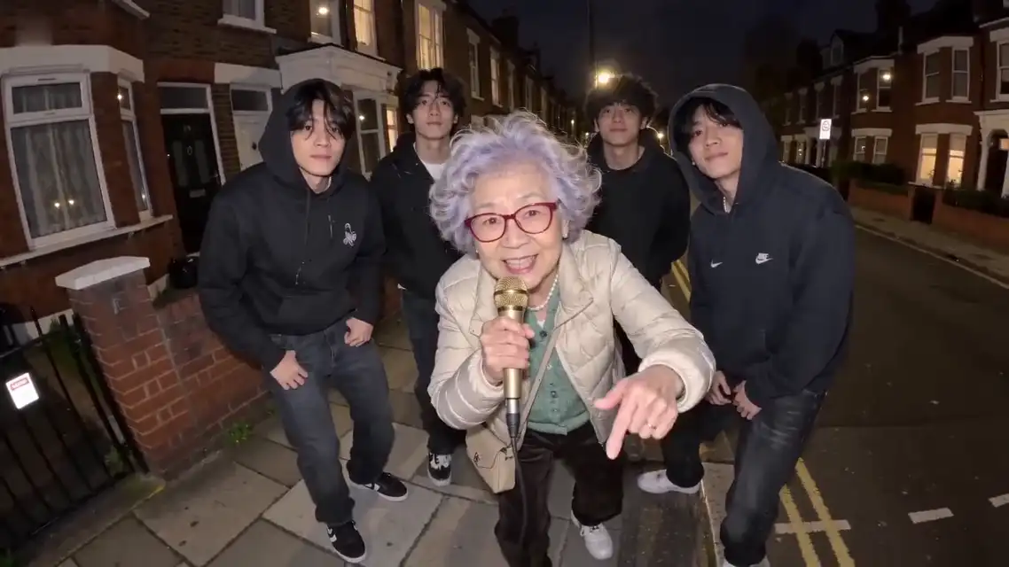 AI-generated rap video frame of an older woman rapping into a microphone on a night street with a crew behind her