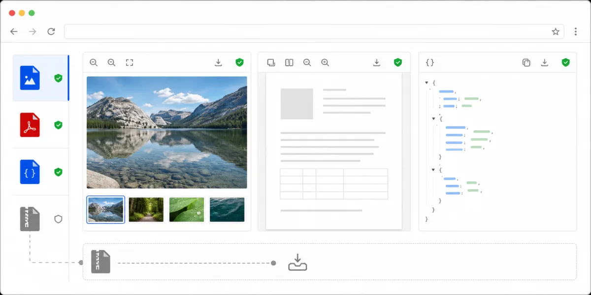 Browser view showing inline previews of an image, a PDF and a JSON file, with a ZIP archive offered as a download