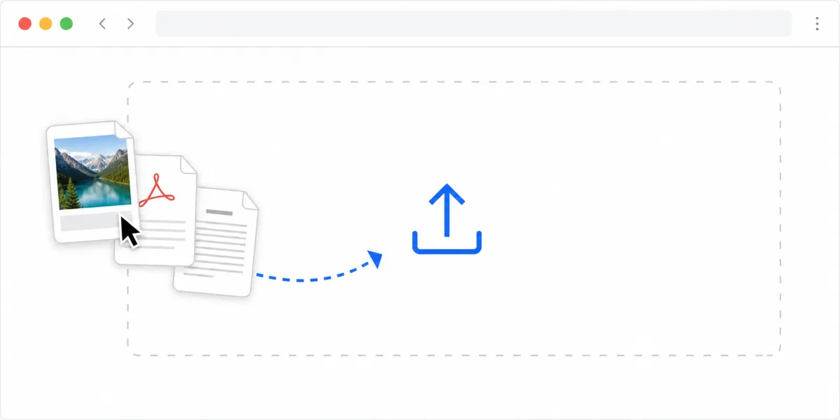 Illustration of an image, a PDF and a text document being dragged into AnyToURL's browser upload area