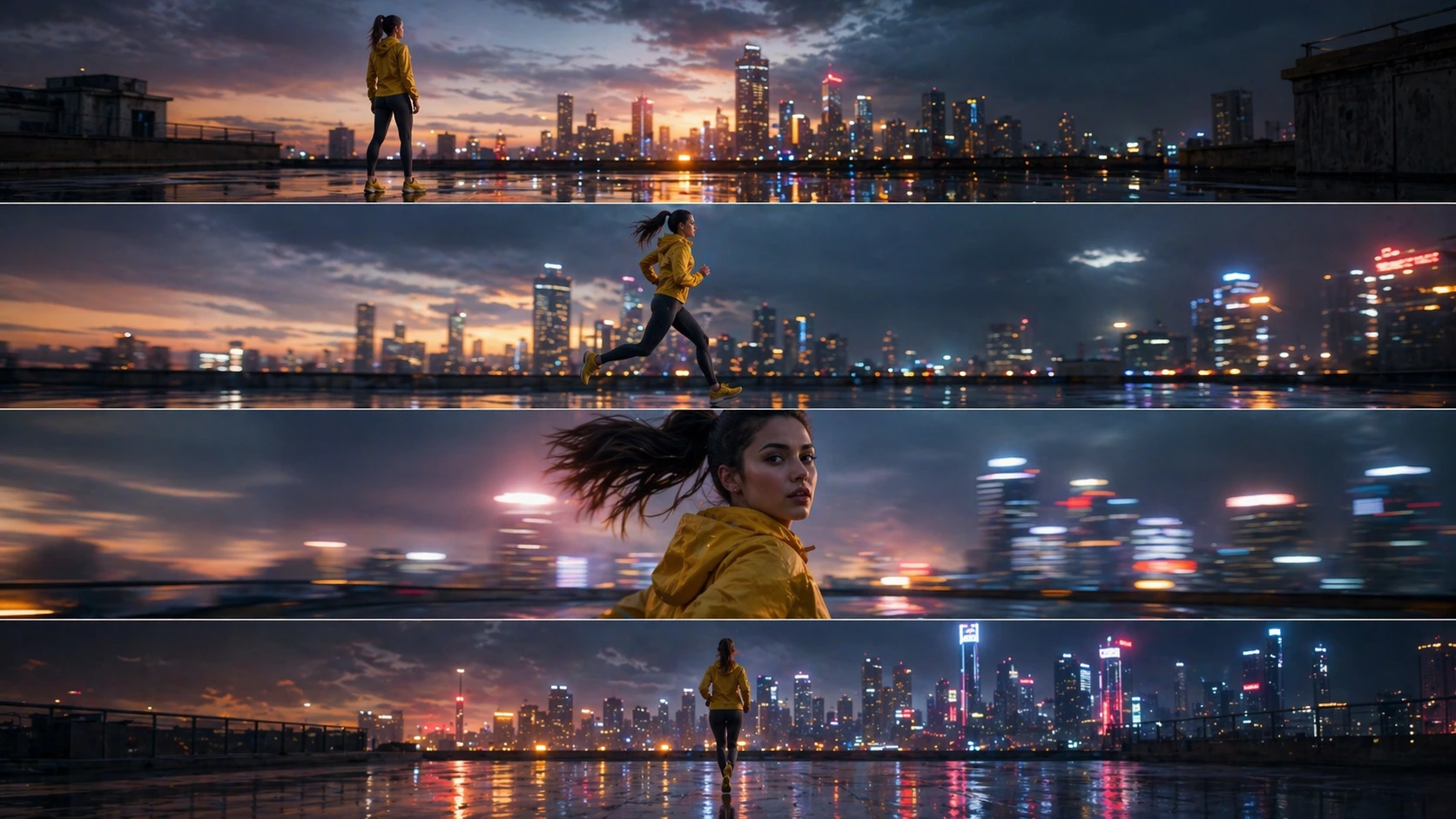 Four storyboard frames of a runner in a yellow jacket on a rooftop against a city skyline