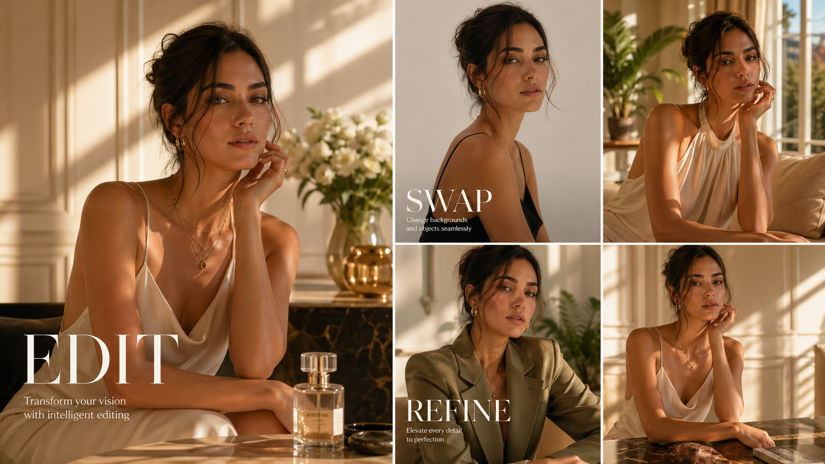 Portrait editing collage showing variations in clothing, setting, and composition