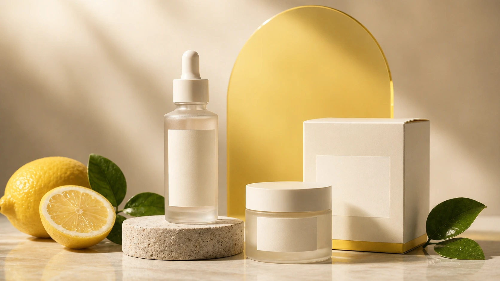 Skincare product visual with a dropper bottle, cream jar, packaging, lemons, and a yellow backdrop