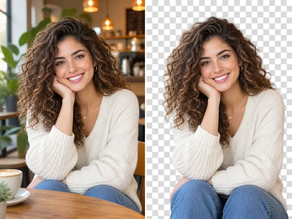 Background removal example: a woman in a café on the left, and the same subject cut out on a transparent checkerboard background on the right