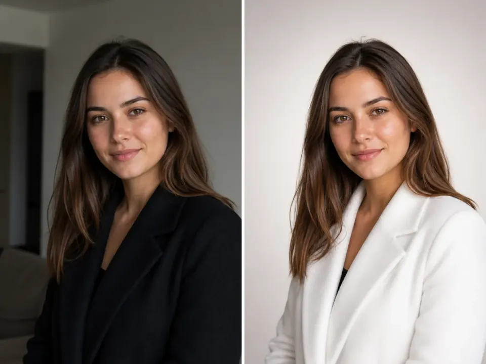 Before-and-after portrait edit: a woman in a black blazer in a dim room, then the same woman in a white blazer against a light studio background