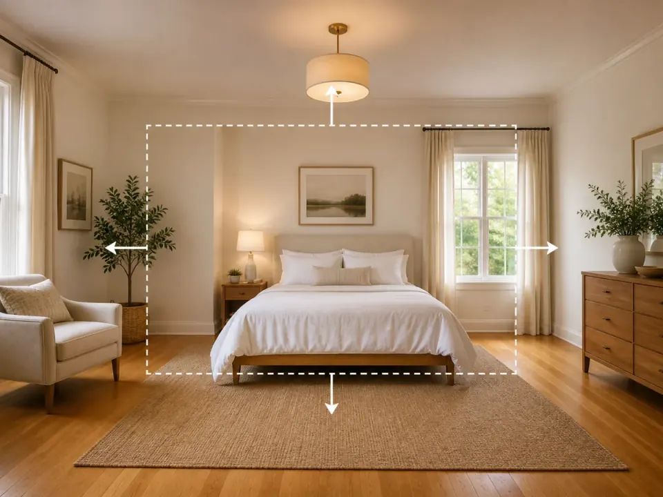 Image Expand demo of a bedroom, with a dashed frame marking the original crop and arrows showing the scene extended in every direction