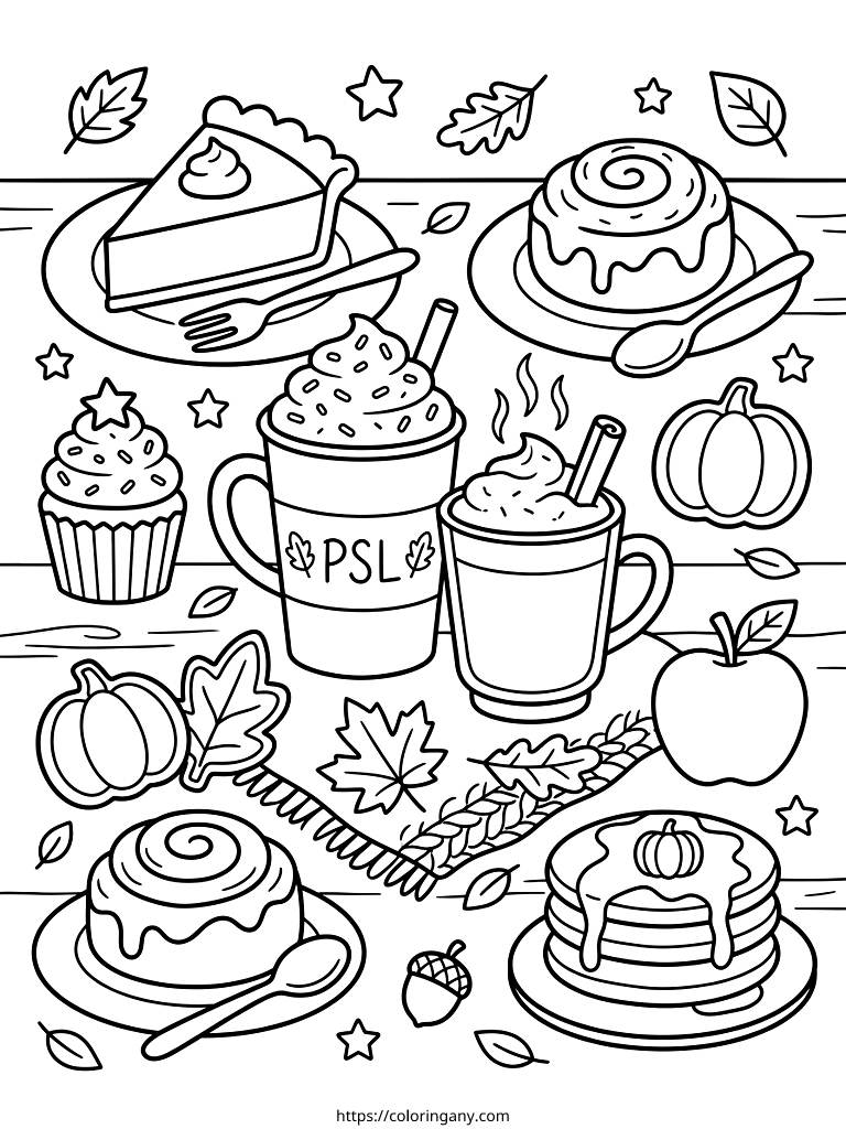 Line-art coloring sheet of pumpkin spice lattes, cinnamon rolls, pie, pancakes and pumpkins