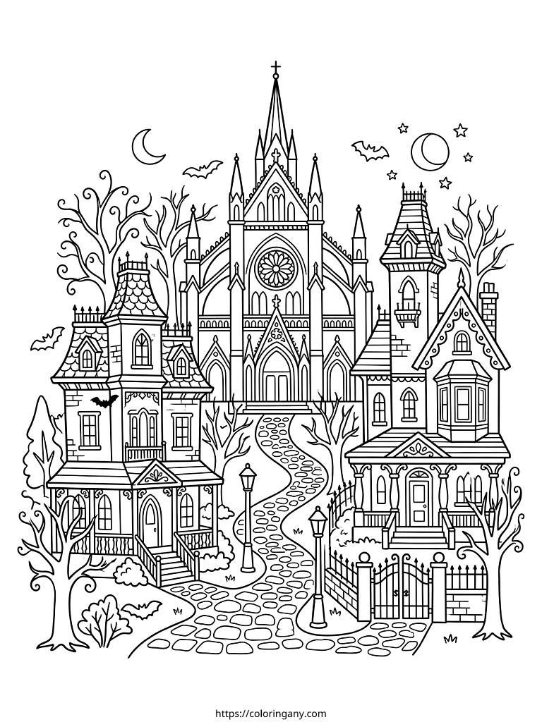 Detailed line-art coloring page of a gothic cathedral and Victorian houses with bats and a crescent moon