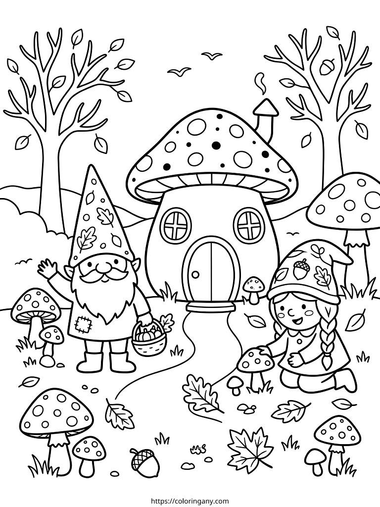 Black-and-white line-art coloring page of two gnomes beside a mushroom house surrounded by toadstools and autumn leaves