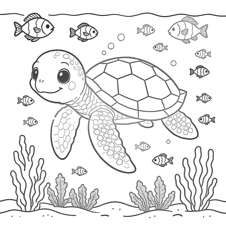 Ocean-themed classroom coloring sheet with a sea turtle, fish and seaweed