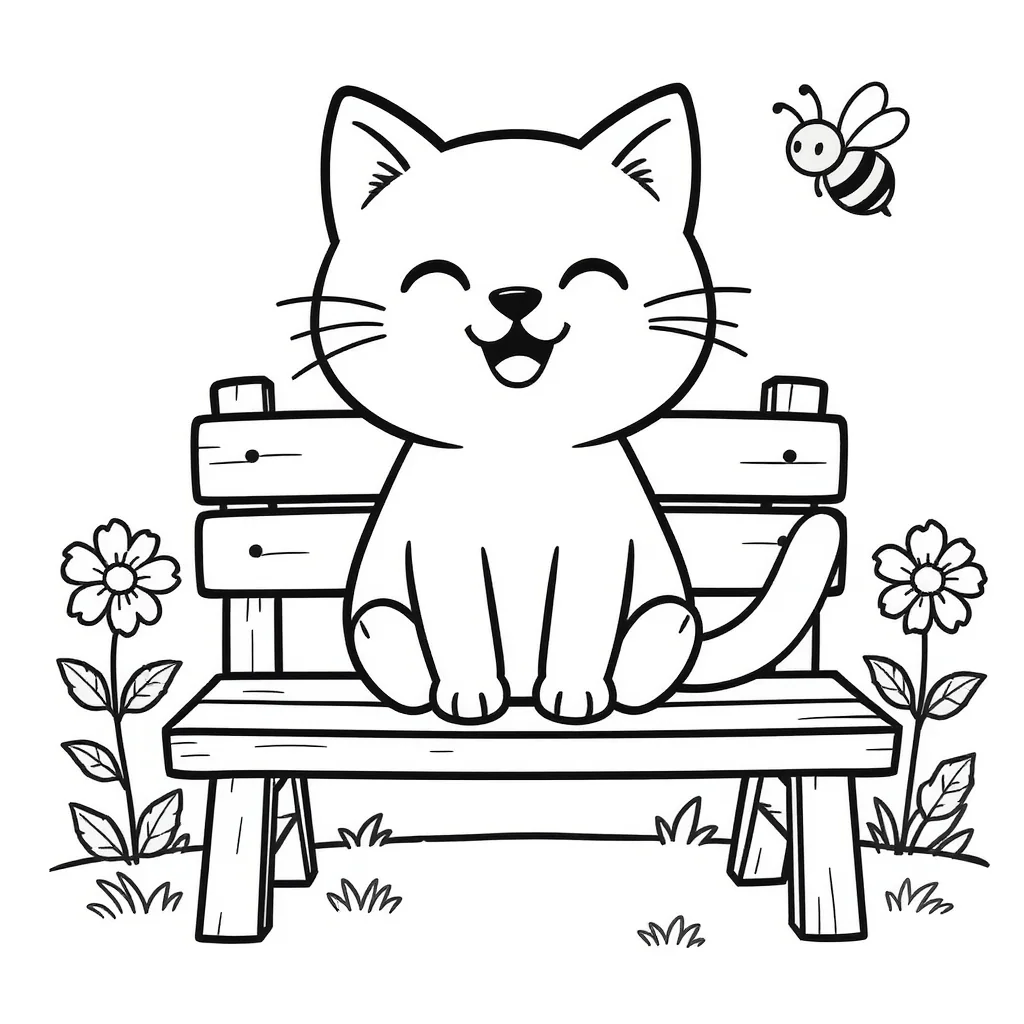 Printable coloring page of a smiling cat sitting on a wooden bench with flowers and a bee