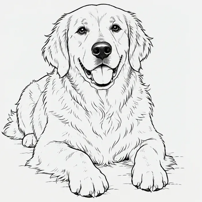 Black-and-white line art coloring page of a golden retriever lying on a rug, converted from a photo