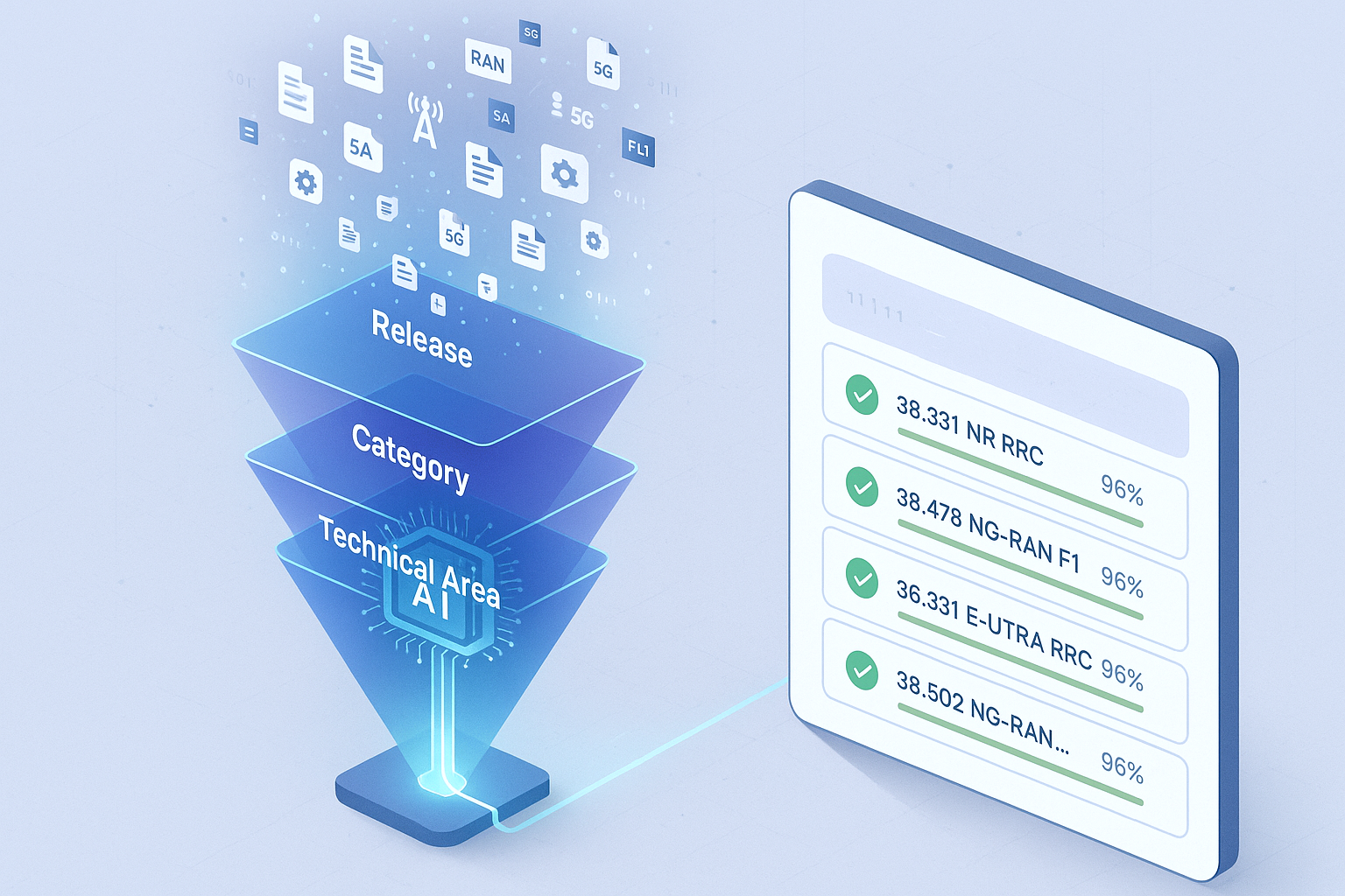 CommSearch 按版本、类别和技术领域筛选通信文档并输出 3GPP 规范结果列表的示意图