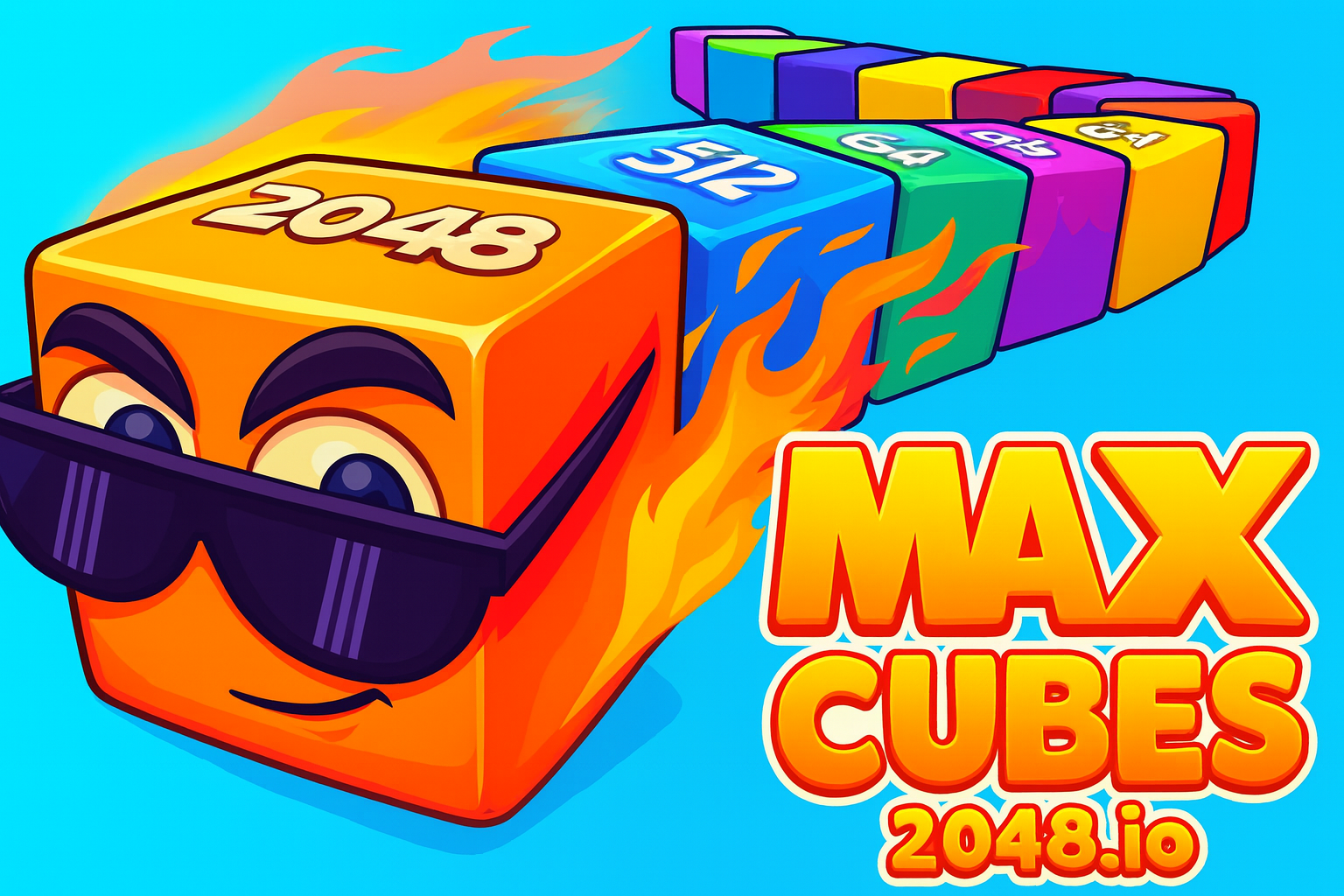 Promotional artwork for Cubes 2048 - Max showing an orange 2048 cube with sunglasses leading a chain of colored numbered cubes