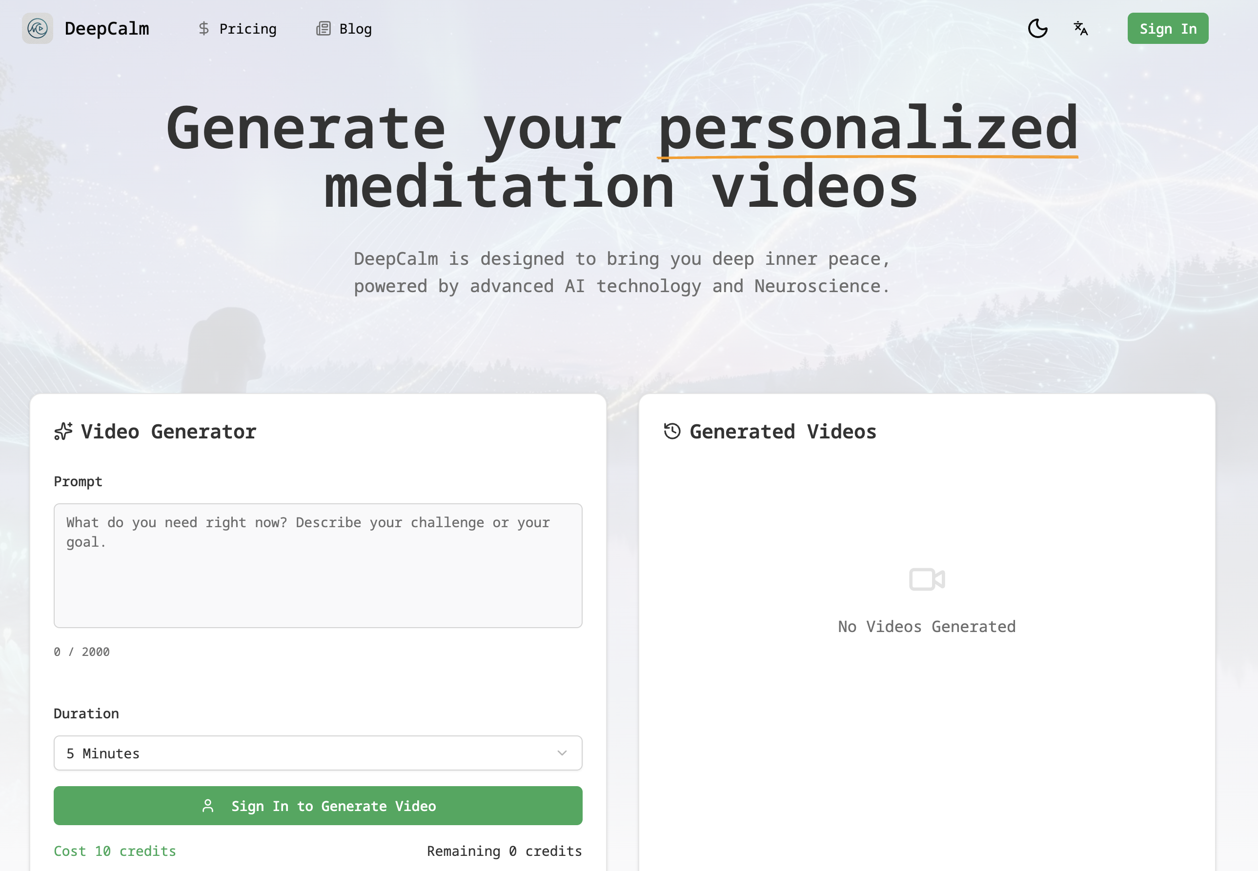 DeepCalm 视频生成器界面，包含提示词输入框、设为 5 分钟的时长选择、登录按钮以及空的已生成视频面板