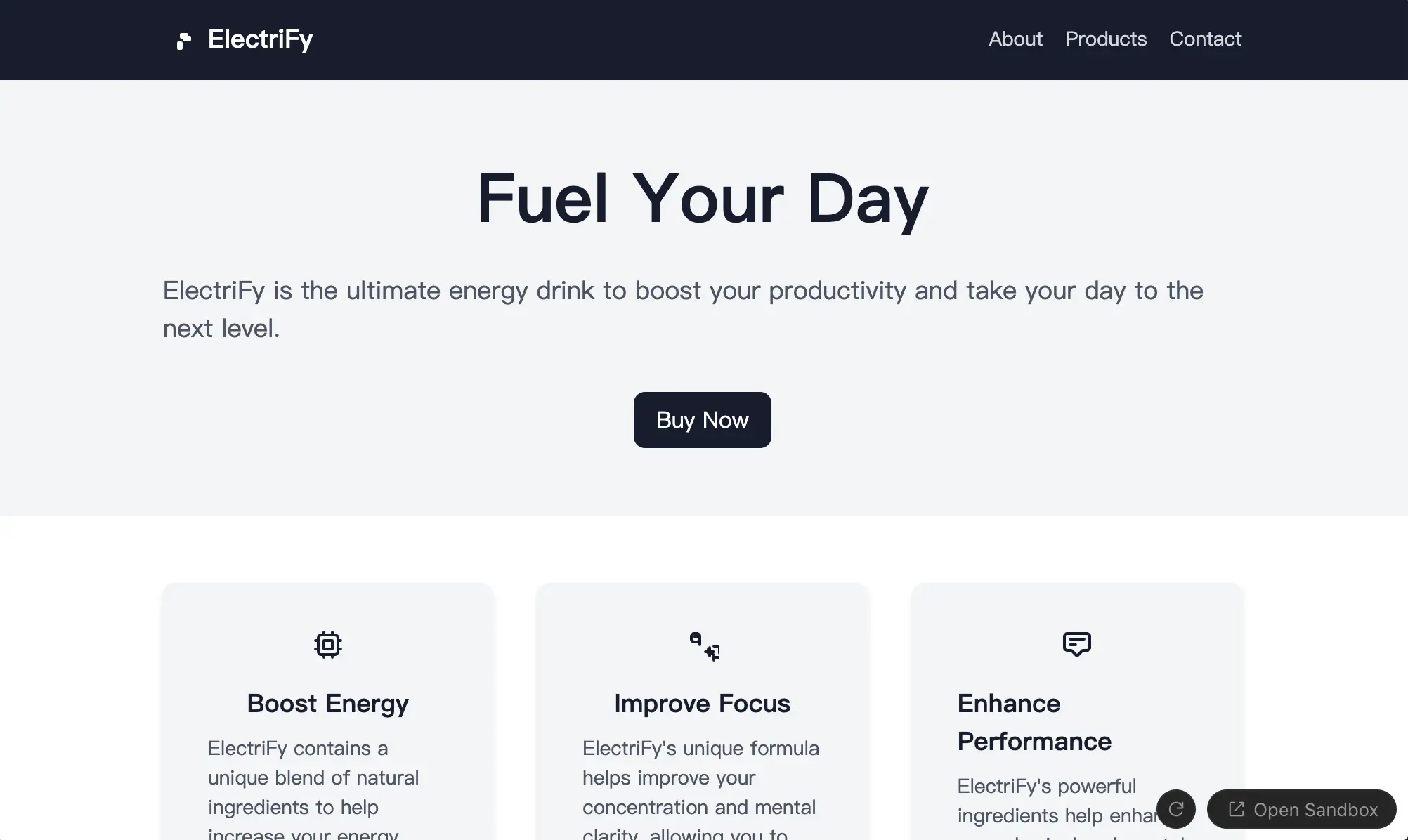 Generated energy drink landing page with navigation, a hero section, a purchase button, and three benefit cards.