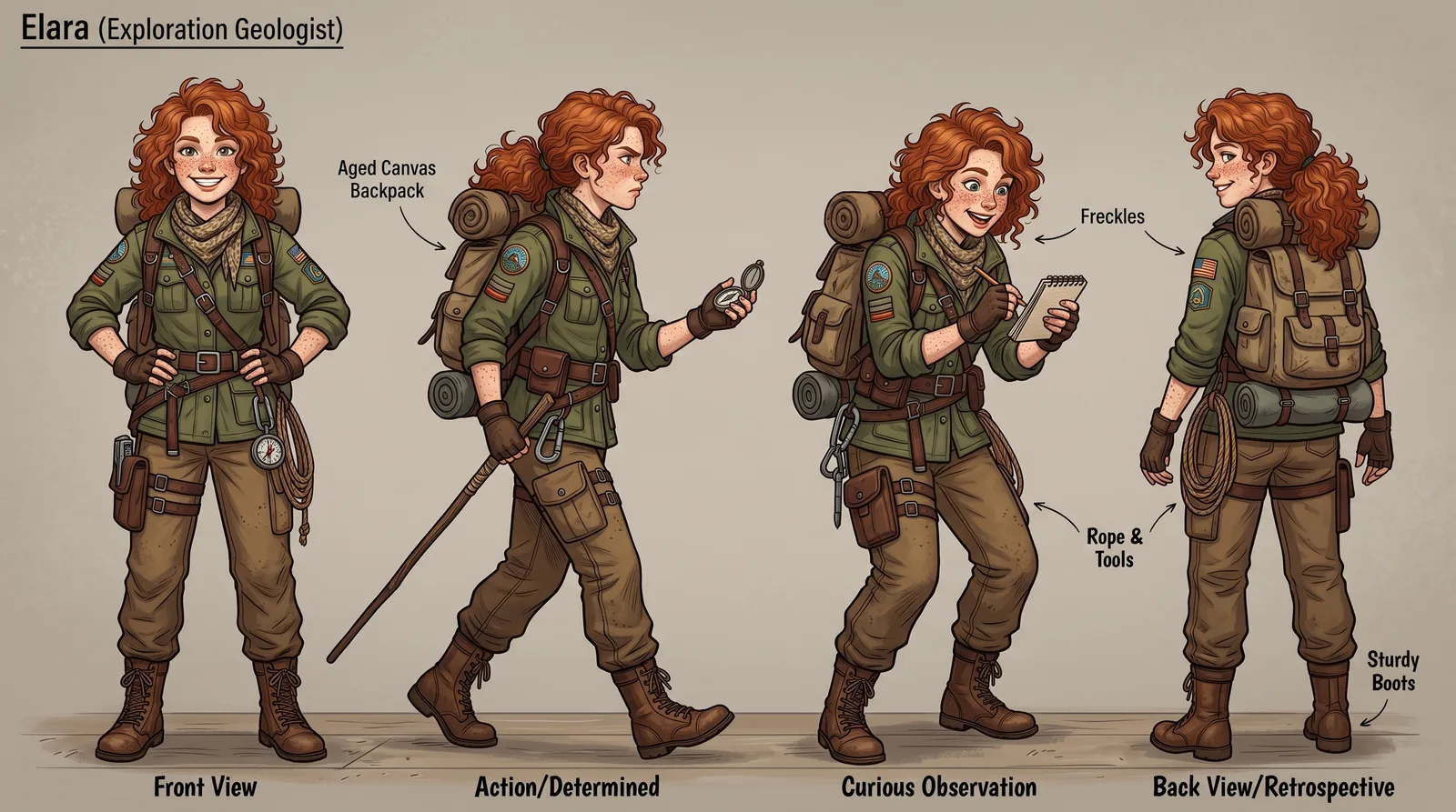 AI-generated character sheet of a red-haired explorer shown from front, action, observation and back views with labeled gear