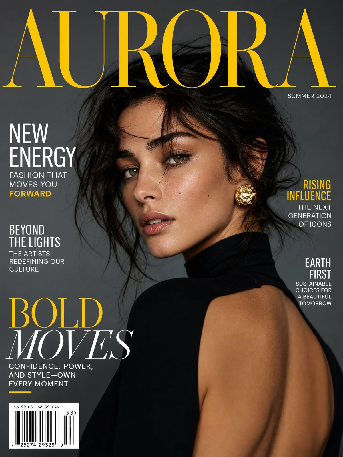 AI-generated fashion magazine cover with large title text and cover lines