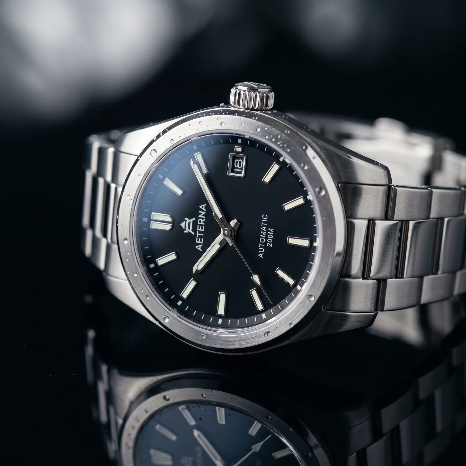 AI-generated product shot of a stainless steel wristwatch on a reflective black surface