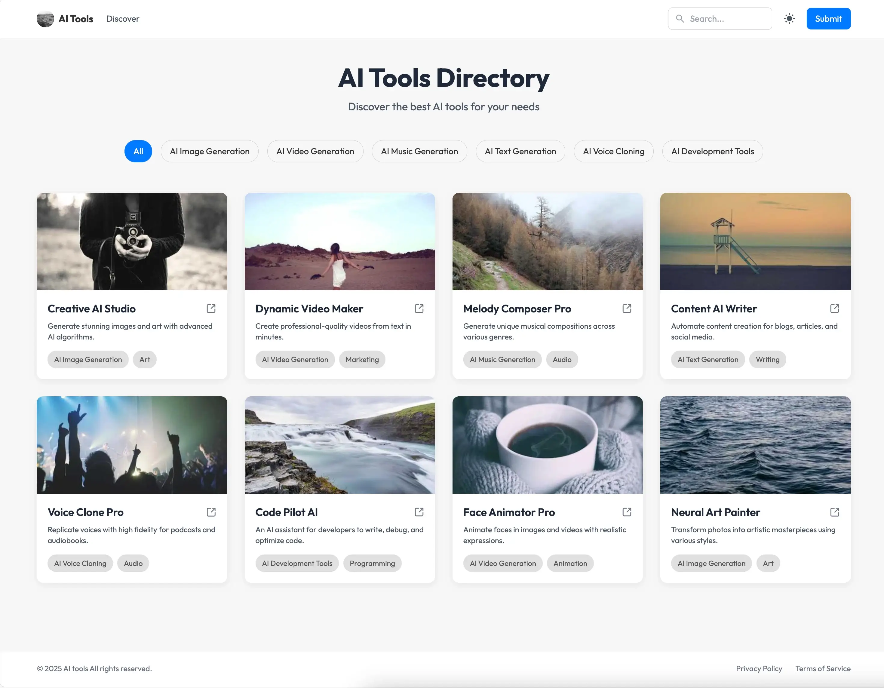 Rendered web page generated from the sketch, showing an AI Tools Directory with category filters and tool cards with images