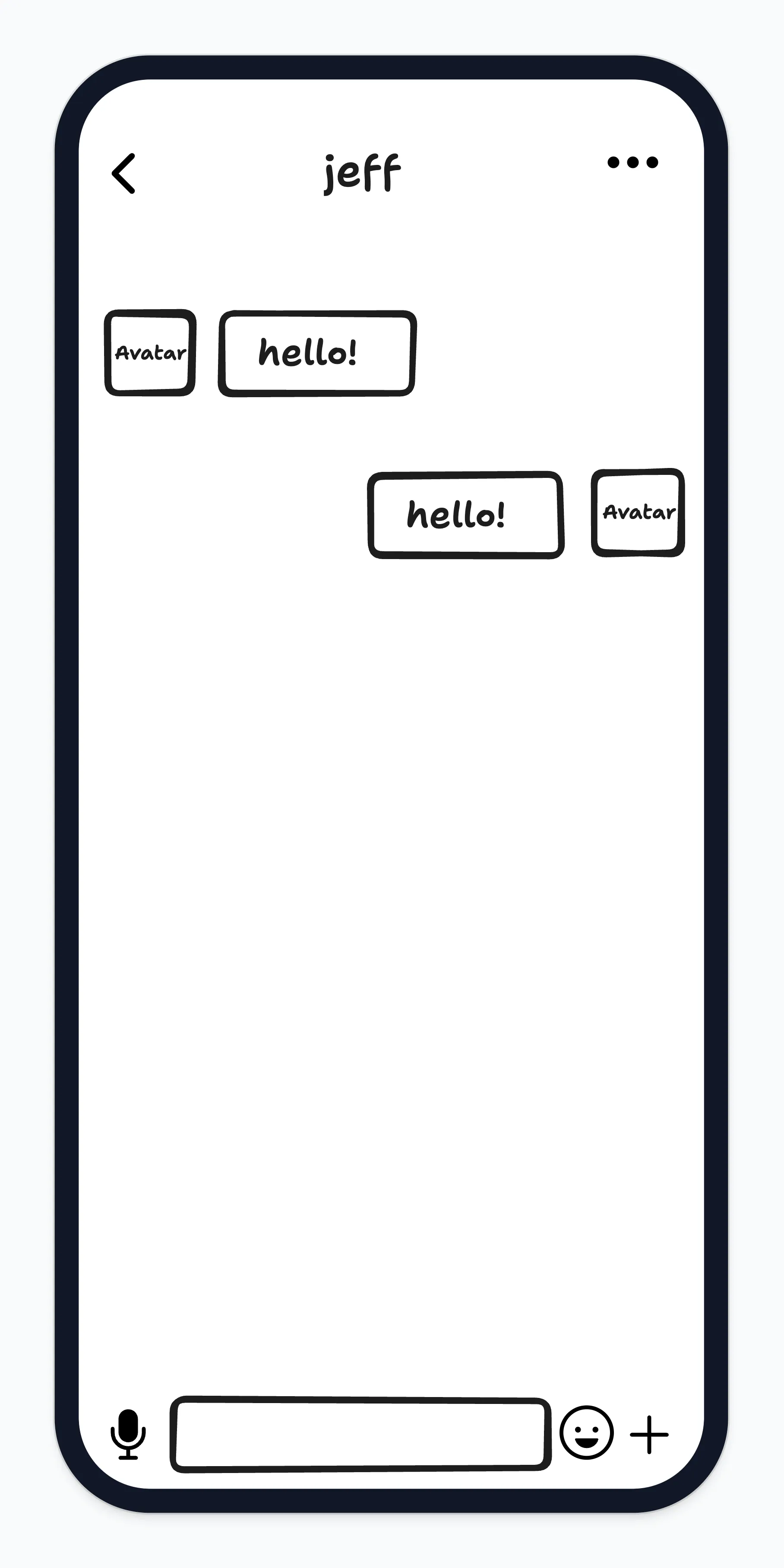 Hand-drawn mobile chat screen sketch with avatars, message bubbles and an input bar