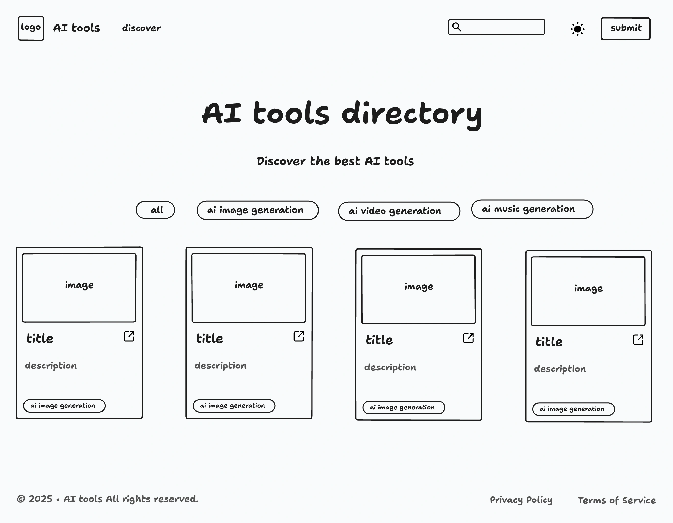 Hand-drawn wireframe sketch of an AI tools directory page with search bar, category tags and a grid of cards