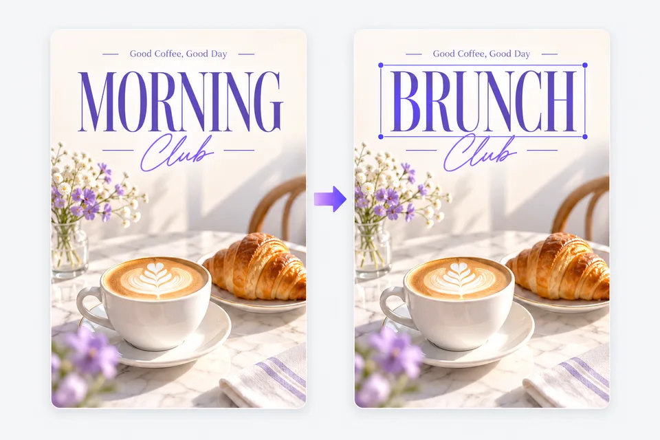 海报改字前后对比:标题 MORNING 被替换为 BRUNCH,字体保持一致